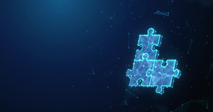 Abstract animated low poly jigsaw puzzle assembling continuously. Synergy partnership, business teamwork and problem solving concept by wireframe mesh. 4K looped motion graphic on blue background