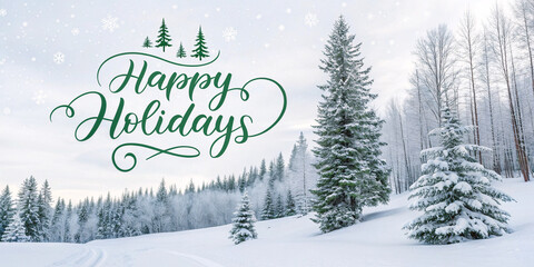 Happy Holidays in Classic Green Calligraphy on Winter Trees Background Banner