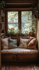 Cozy indoor seating area with natural light and plants in a serene home environment