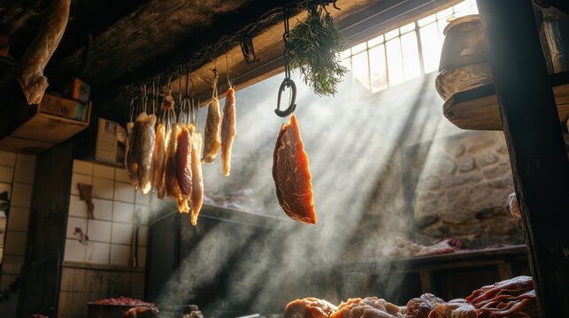 A vintage meat hook hanging from a ceiling in a traditional butcher shop, surrounded by various