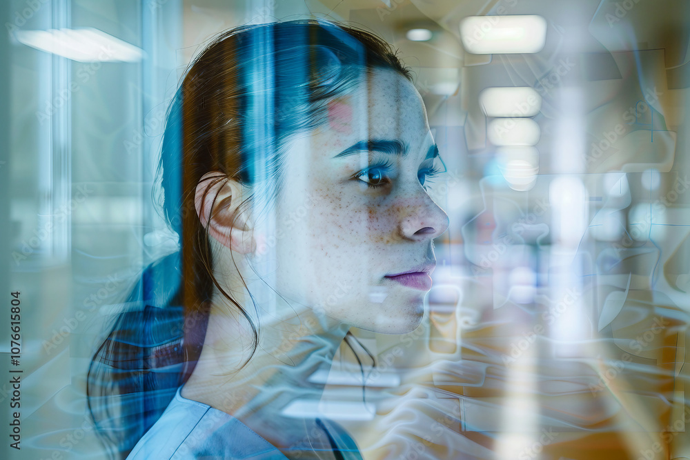 Poster side view portrait illustrating professional worker technology generative ai