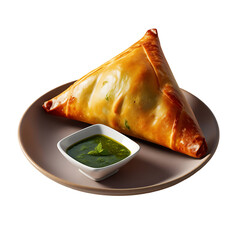 A single, golden brown samosa with a side of green chutney on a plate.
