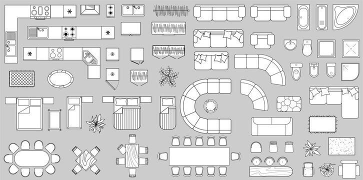 Furniture outline top view for floor plan. Set of isolated linear icons for interior. Vector Illustration. Design elements for apartments, living room, bedroom, kitchen, bathroom. Furniture store