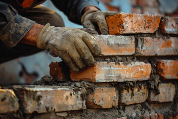 A skilled bricklayer at work on a bustling modern construction site generative ai