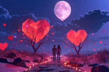 Obraz premium Ethereal Valentines Landscape with Loving Couple Silhouettes Glowing Hearts and Enchanting
