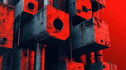 Bright red hot steel rods illuminate dim industrial environment with fiery glow