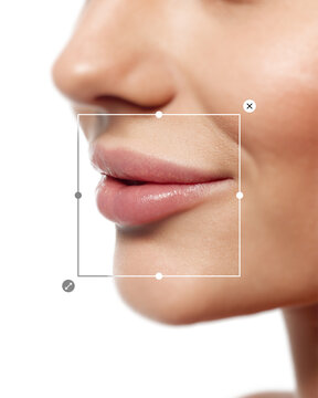 Close-up image of female plump lips with natural gloss, perfect for lip augmentation promotion, lip balm ads. Woman with spotless skin. Concept of natural, clean beauty, cosmetology, skincare
