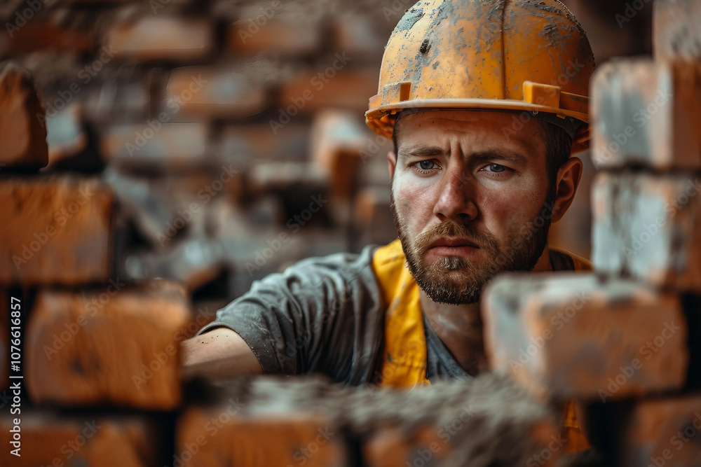 Poster portrait of a young caucasian bricklayer builder in a helmet and uniform generative ai