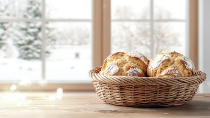A cozy scene featuring freshly baked bread in a basket, with a snowy landscape outside.