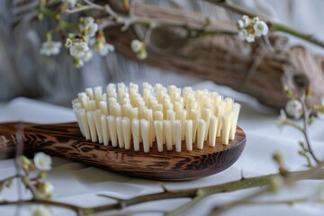 Oval wooden body brush with natural bristles laying on white fabric with spring flowers and driftwood in the background