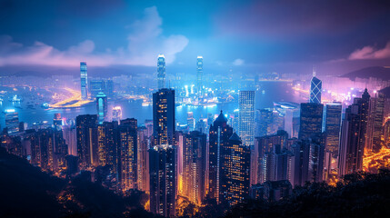 Fototapeta premium Majestic Cityscape Overlooking Skyline with Towering Skyscrapers and Coastal Horizon