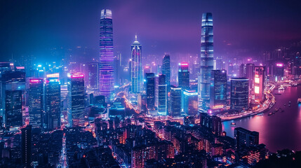 Obraz premium Vibrant Nighttime Cityscape with Futuristic Skyscrapers and Neon Glow