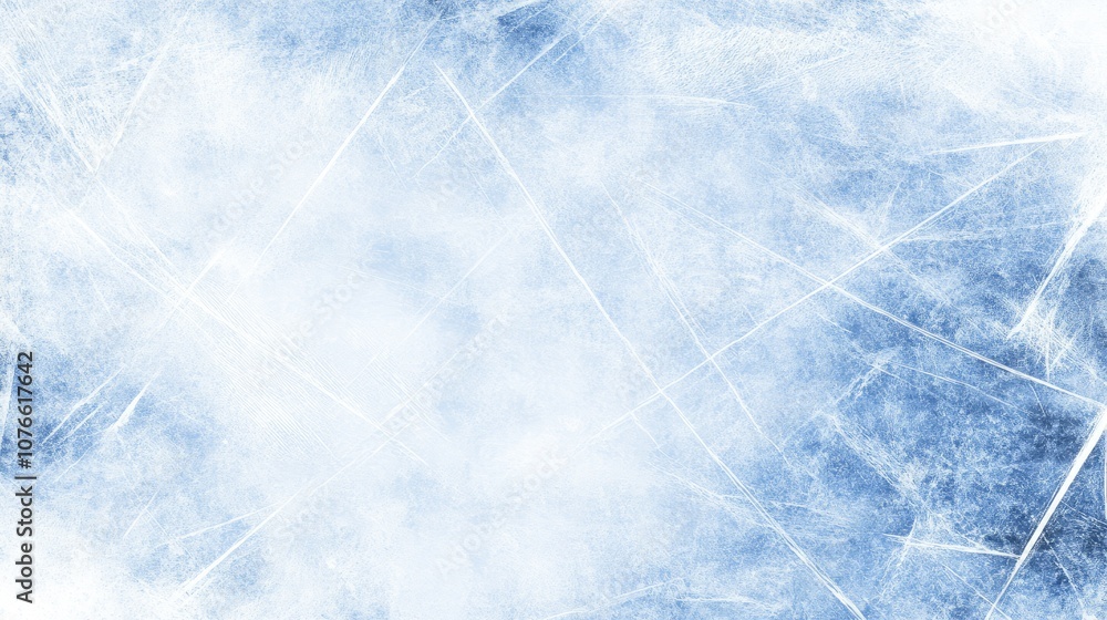 Poster a close-up view of a frozen lake surface. the ice is a pale blue color with visible cracks and lines