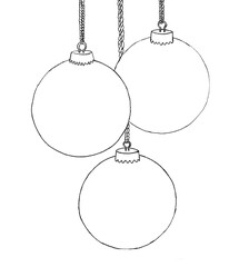 Hanging Christmas tree balls. Black outline of a linear silhouette. Edited strokes. Front side view. Vector simple flat graphic illustration
