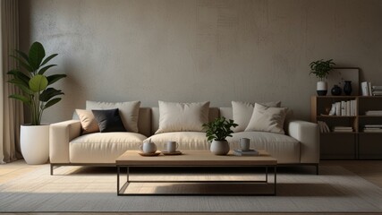 Fototapeta premium family room decoration minimalist and luxurious decoration with a table and sofa against the wall of the house