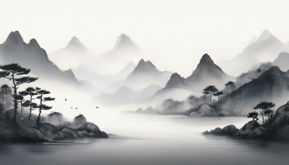 Oriental painting of misty oriental mountains and rivers