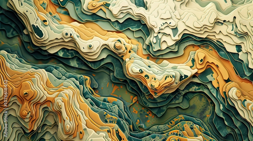 Poster artistic interpretation of a topographic map with sharp elevation changes and a modern color palette