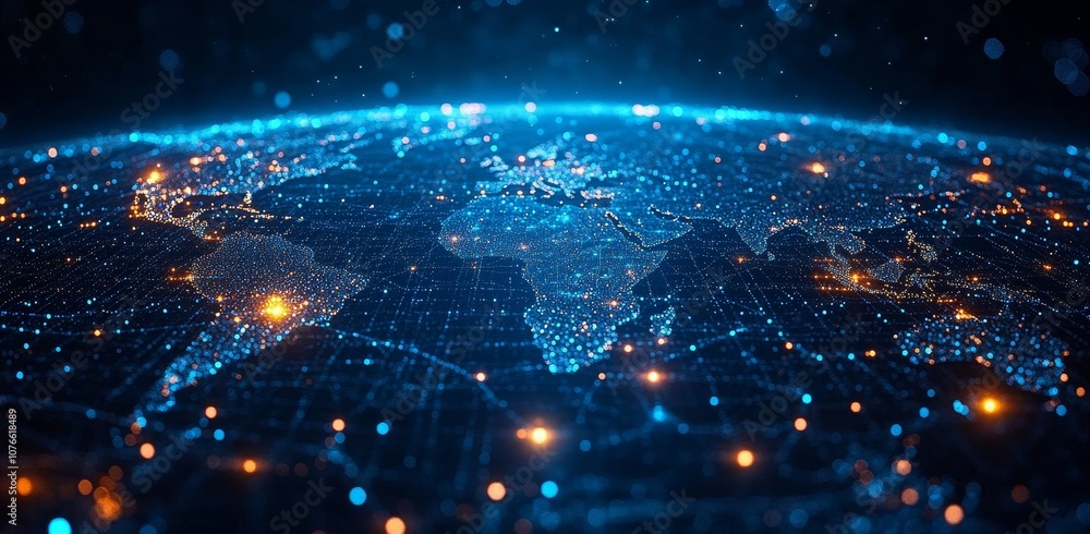 Poster future world map in blue abstract with concepts for digital innovation and technology.