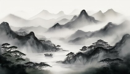Fototapeta premium Oriental painting of misty oriental mountains and rivers