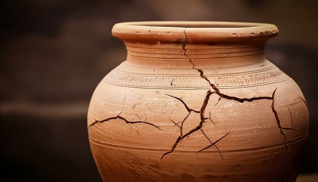 ancient jar of clay with cracks and breaks alluding to and illustrating 2 corinthians 4 7