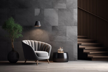 Modern Living Room Interior with Grey Armchair Black Side Table and Wooden Stairs