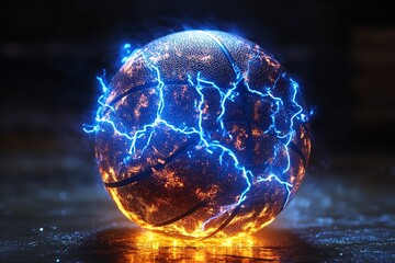 Blue lightning bolts illuminating a basketball. Generative Ai