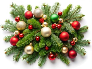 Fototapeta premium Christmas Tree Branches with Ornaments for Holiday Decor, Featuring Red, Green, and White Accents on a Crisp White Background, Perfect for Festive Banners and Seasonal Designs