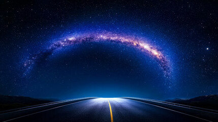 stunning view of long highway under starry sky, with glowing road markings leading towards Milky Way. scene evokes sense of wonder and adventure