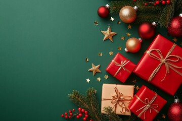 Fashionable Christmas gift themes. Top view shot of fir twigs, gift boxes, red package, сhristmas tree baubles, gold stars confetti on green background with promo spot