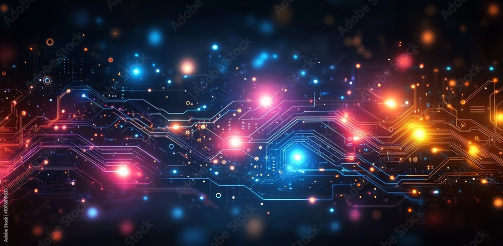 Poster the background is a digital technology background with a horizontal glow dot field and a circuit net