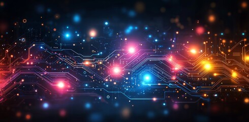 Fototapeta premium The background is a digital technology background with a horizontal glow dot field and a circuit network that is ideal for hi-tech advertising.