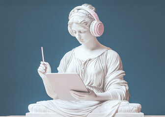 A marble statue of a classical figure wearing headphones, writing on a tablet, blending tradition and technology. 