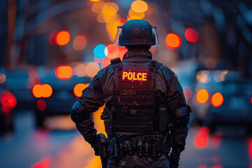 Naklejka premium Police officer patrolling the night city street realistic illustration generative Ai