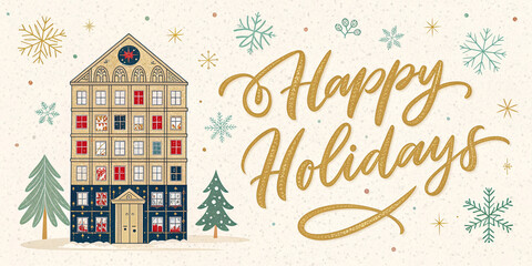 Happy Holidays in Golden Brush Script with Advent Calendar Background Banner