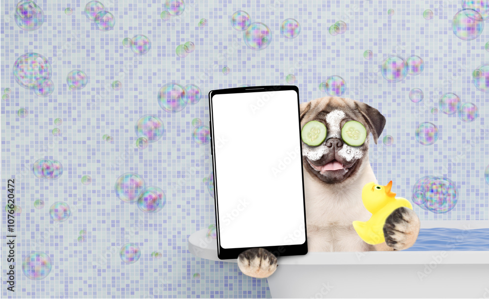 Aufkleber Happy Pug puppy with cream on it face and with slices of cucumber in it eyes takes the bath and shows big smartphone with white blank screen in it paw. Empty space for text