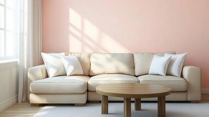 A cozy living room featuring a beige sofa and a wooden coffee table against a pink wall.