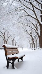 Peaceful Winter Park with Snow-Covered Bench in Quiet Landscape