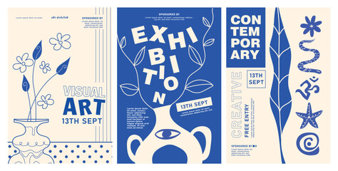 Modern contemporary typography poster with abstract, retro vector shapes. Perfect for banners, festival posters, or minimalist cover designs in Brutalist art style, Art exhibition and more set