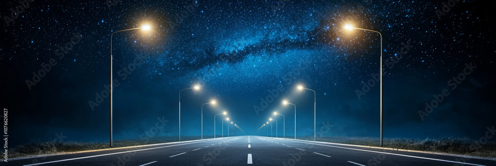 Poster serene suburban road at night, illuminated by glowing streetlights under starry sky, creates tranquil and inviting atmosphere. vastness of universe above adds sense of wonder and peace