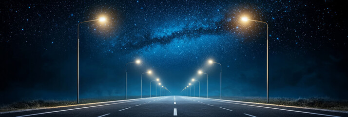 serene suburban road at night, illuminated by glowing streetlights under starry sky, creates tranquil and inviting atmosphere. vastness of universe above adds sense of wonder and peace