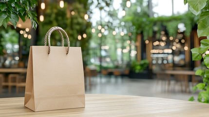 Elegant Paper Bag on a Wooden Table in a Stylish Cafe Setting