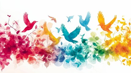 Obraz premium Colorful Birds Flying Through Watercolor Leaves