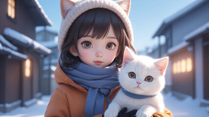 3d anime illustration of girl and cat on winter day