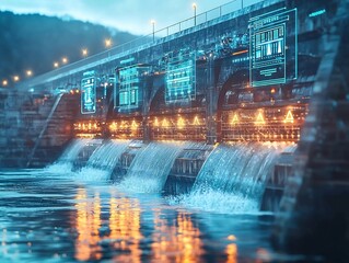 Illuminated Hydroelectric Dam with Digital Sensors Monitoring Water Flow and Energy Output