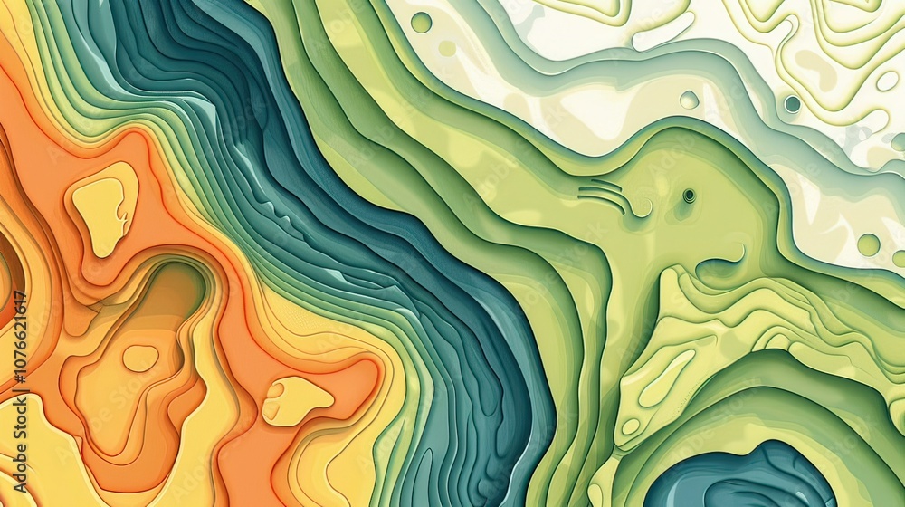 Poster vector-style topographic map with exaggerated, colorful elevation lines and abstract terrain feature