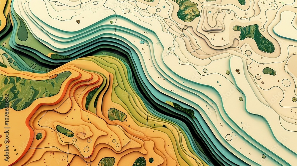 Poster vector-style topographic map with exaggerated, colorful elevation lines and abstract terrain feature