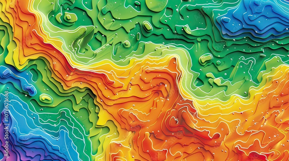 Poster vector-style topographic map with exaggerated, colorful elevation lines and abstract terrain feature