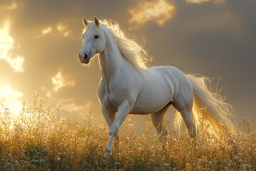 Obraz premium Horse,On a grassy hilltop, a majestic Andalusian horse stands majestically