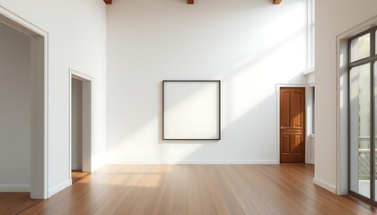 Large open hallway with a slim black frame on a white wall, wooden floors, and natural light.