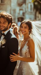 Naklejka premium Joyful couple enjoys their wedding day together in a picturesque outdoor setting with guests
